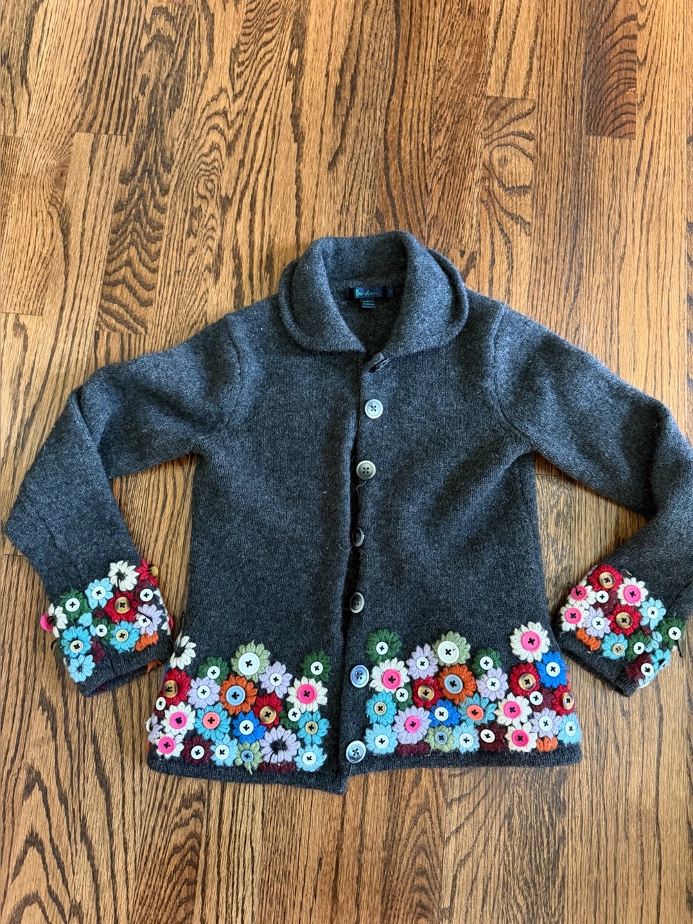 Boden Gray Wool Blend Floral Embroidered Button Cardigan Jacket Kids’ US 10